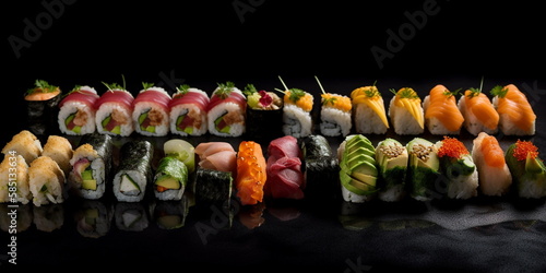 Sushi rolls with tiger shrimp, salmon and avocado, cucumbers, tobiko © Евгений Высоцкий