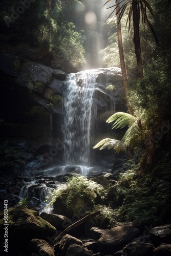 Small misty waterfall in the rainforest. Generative AI vertical shot