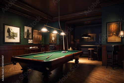 Wallpaper Mural Billiards Room: Capture a set of images that showcase a sophisticated, upscale billiards room. Generative AI Torontodigital.ca