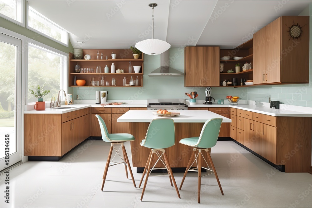 Mid - Century Modern Kitchen: Design a kitchen with a Mid - Century Modern - inspired design, using clean lines, natural materials, and bold pops of color. Generative AI