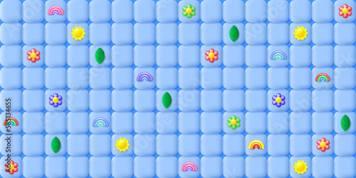 Background with keyboard and nature icons. Leaf, flower, sun, rainbow as three-dimensional icons on buttons. Vector background. Realistic 3d objects