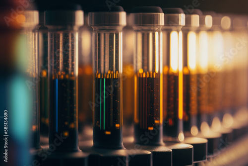 Closeup of colorful test tubes on blurred background. Concept of science  technology  research. Generative AI.