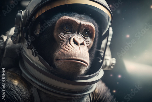 Closeup portrait of a chimpanzee astronaut travelling in space. Generative AI.