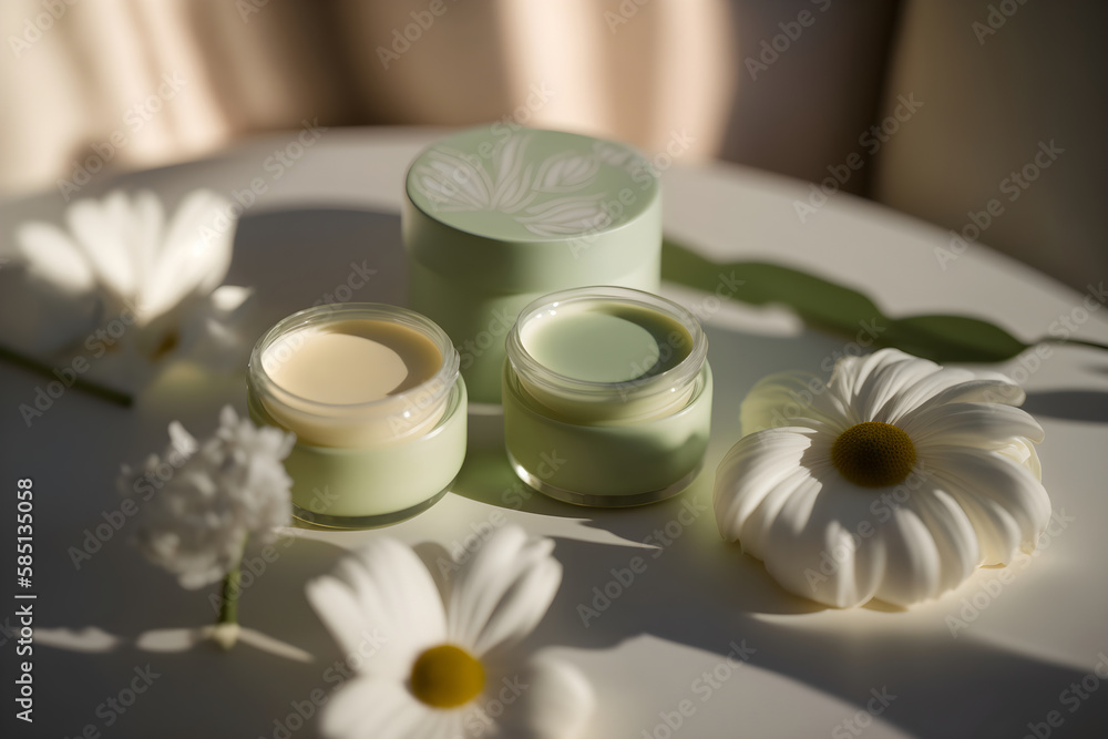 Cream packaging with flowers. Generative Ai Cream packaging with flowers. Generative Ai
