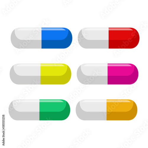Tablets of different colors. Icons of pills, capsules isolated on white background. Vector illustration of medical drugs in cartoon simple flat style