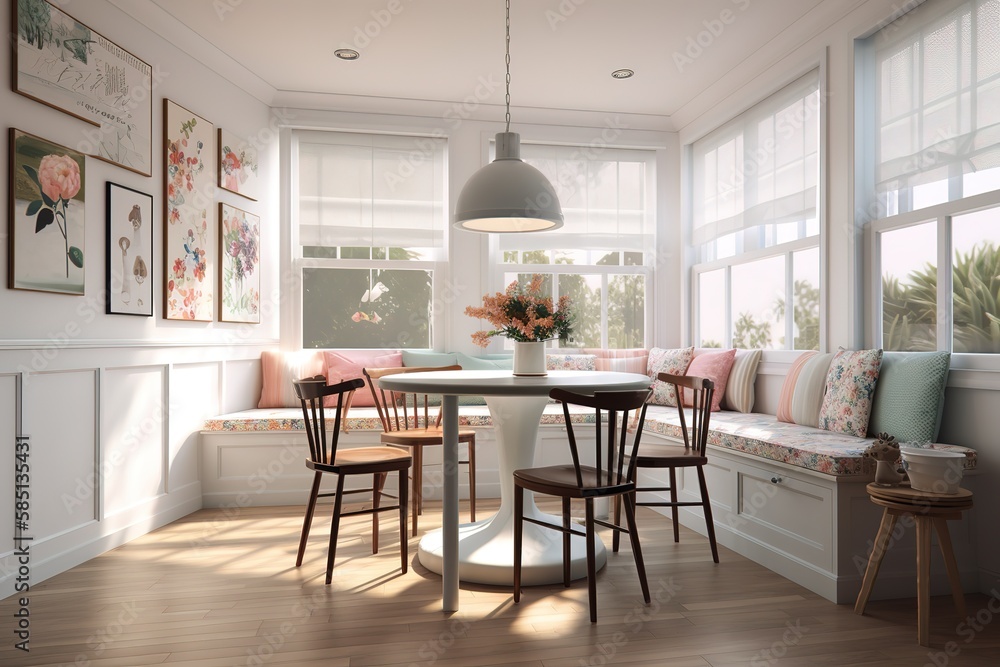 Breakfast Nook: Create a set of images that showcase a cozy, charming breakfast nook. Generative AI Breakfast Nook: Create a set of images that showcase a cozy, charming breakfast nook. Generative AI