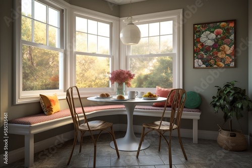 Breakfast Nook  Create a set of images that showcase a cozy  inviting breakfast nook. Generative AI