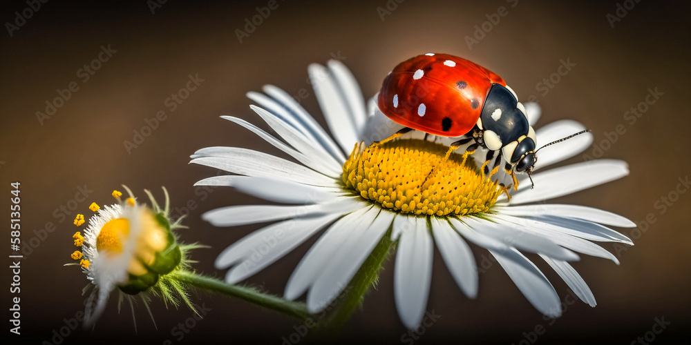 red ladybug on camomile flower, ladybird creeps on stem of plant in spring in garden in summer  - generative ai