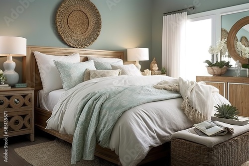 Coastal Bedroom: Create a bedroom with a coastal - inspired design, using a mix of cool blues and greens, natural textures, and ocean - themed decor.Generative AI