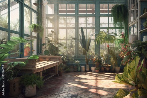 Conservatory  Create a set of images that showcase a lush  green conservatory. Generative AI