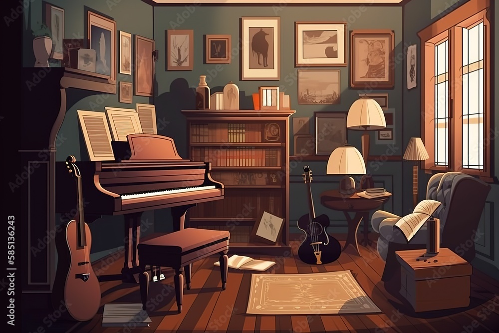 Music Room: Create a set of images that showcase a creative, inspiring music room. Generative AI