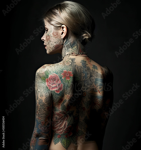 Full body tattooed woman portrait shot rear view - made with Generative AI © 4kclips