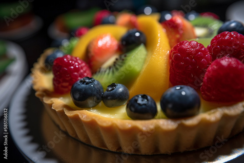 Fruit tart  with a buttery and flaky crust  a creamy vanilla custard filling  and an assortment of fresh berries.