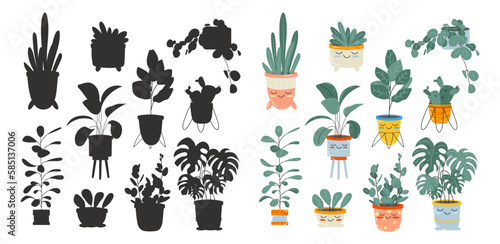 Childrens educational game, find correct shadow silhouette. Indoor plants and black silhouettes of flowers. Cute kawaii plants. Vector stock illustration isolated on white background.