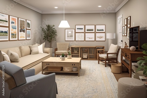 Family Room: Capture a set of images that showcase a cozy, family - friendly family room. Generative AI © create interior