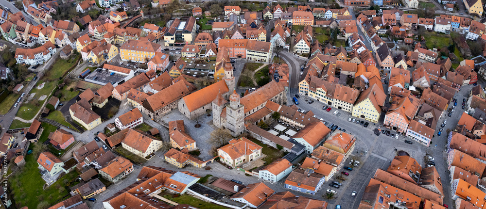 Aerial view around the old town center of the city Feuchtwangen