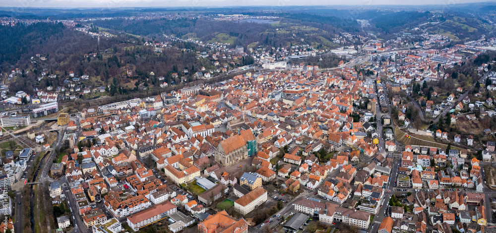 Aerial around the old town of Schwäbisch Gmünd on a sunny day in early spring