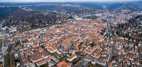 Aerial around the old town of Schwäbisch Gmünd on a sunny day in early spring