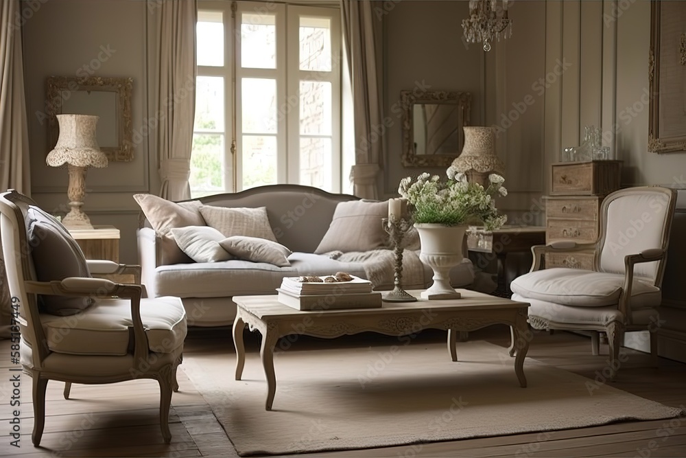 French Country Living Room: Create a living room with a French Country - inspired design, using soft colors, natural materials, and rustic details. Generative AI