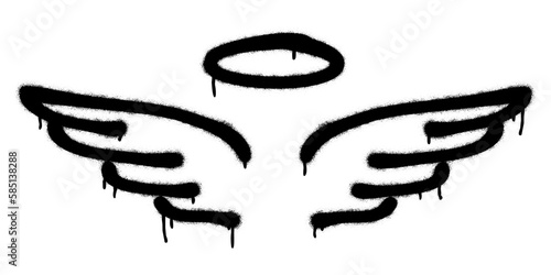 Spray graffiti wings and halo symbols over white. Stylized angel emoji.