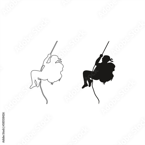 set of silhouette and line art of an adventurer swinging on a rope