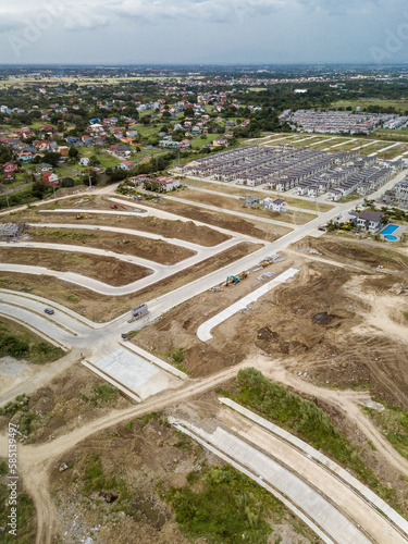 Aerial of a a road network under construction for a low cost subdivision.