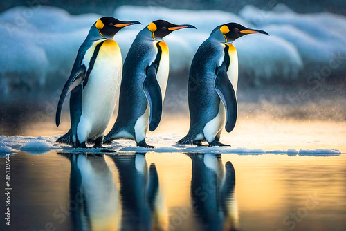 Penguins on ice near the ocean. Created with Generative AI technology.