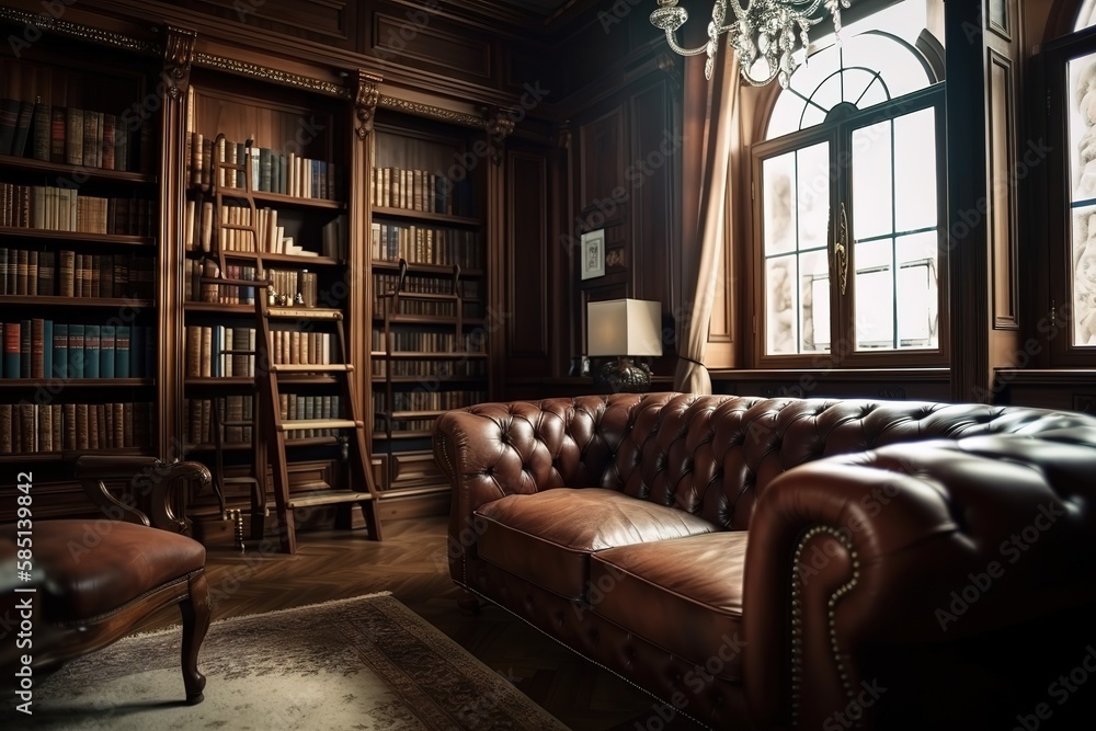 Home Library: Create a set of images that showcase a grand, sophisticated home library.  Generative AI