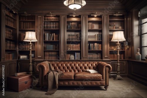 Home Library: Create a set of images that showcase a grand, sophisticated home library.  Generative AI © create interior