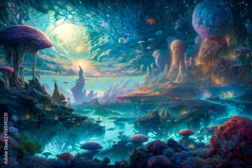 Surreal fantasy landscape on an alien planet. Created with Generative AI technology.