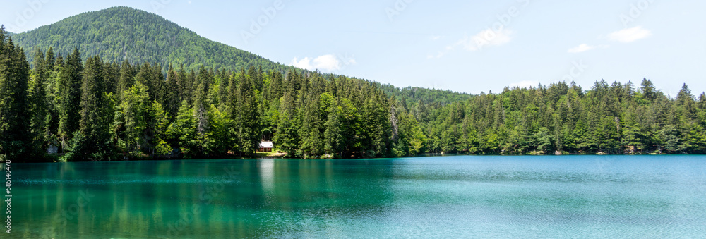 Panoramic view of Lago Inferiore die Fusine in the Julian Alps of northeastern Italy