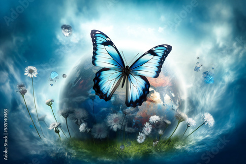 A blue butterfly standing on planet Earth, surrounded by flowers. Peace, tranquility, serenity and nature recovering concept.Created with Generative AI technology.