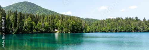 Panoramic view of Lago Inferiore die Fusine in the Julian Alps of northeastern Italy