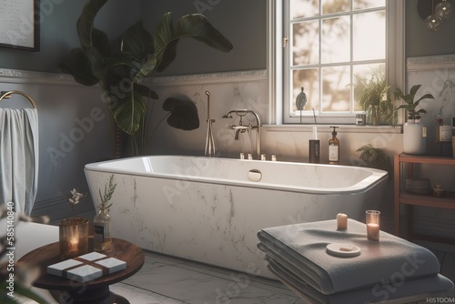 Home Spa: Create a set of images that showcase a luxurious, indulgent home spa. Generative AI