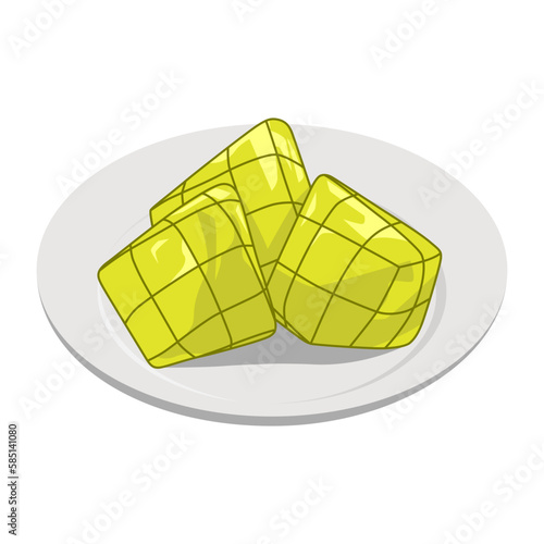 ketupat on a plate vector illustration, Ketupat asian traditional rice dumplings, isolated on white