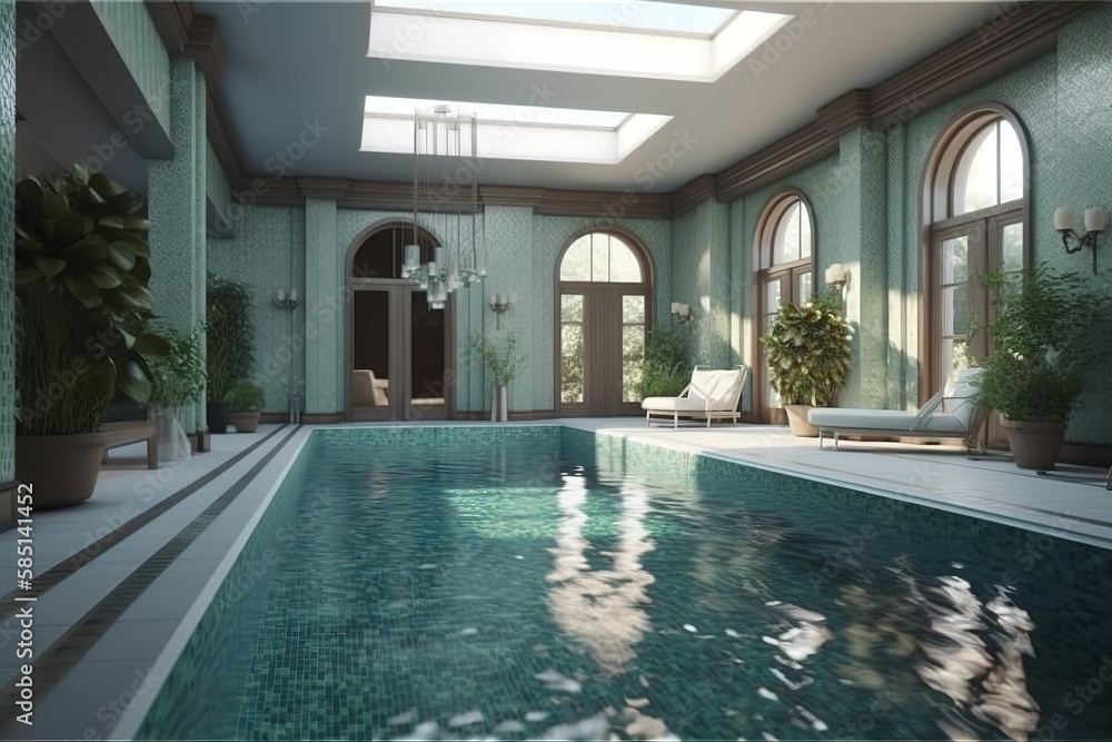 Indoor Pool: Create a set of images that showcase a luxurious, refreshing indoor pool.  Generative AI
