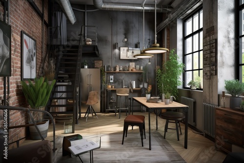 Industrial Loft: Create a set of images that showcase a trendy, industrial - style loft.  Generative AI © create interior