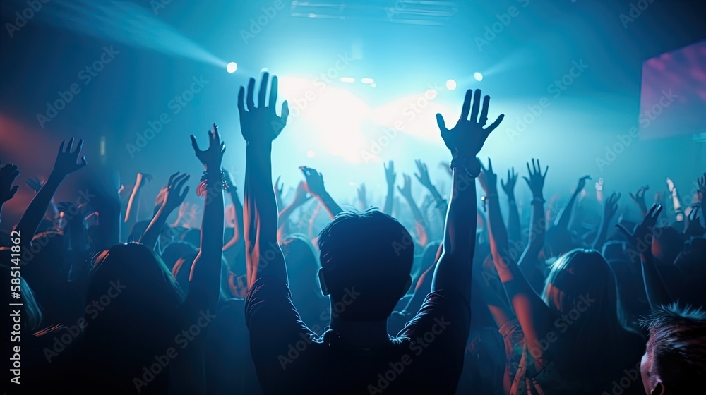 Rear view of crowd with arms outstretched at night club concert, blue purple light background by ai generative Rear view of crowd with arms outstretched at night club concert, blue purple light background by ai generative