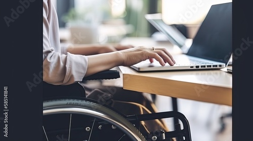 Detail of a disabled person on wheelchair working in the office. Ai Generative.