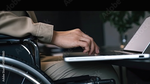 Detail of a disabled person on wheelchair working in the office. Ai Generative. © MiguelAngel