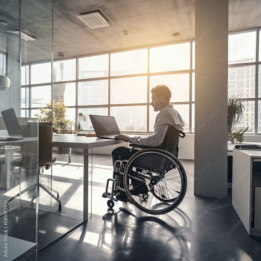 Man on wheelchair working in the office, next to a desk with a laptop, Ai Generative. Man on wheelchair working in the office, next to a desk with a laptop, Ai Generative.