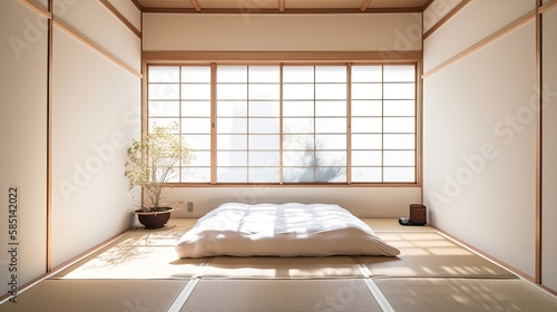 Home interior, traditional Japanese bedroom, with futon and minimalistic decoration. Ai Generative. photo