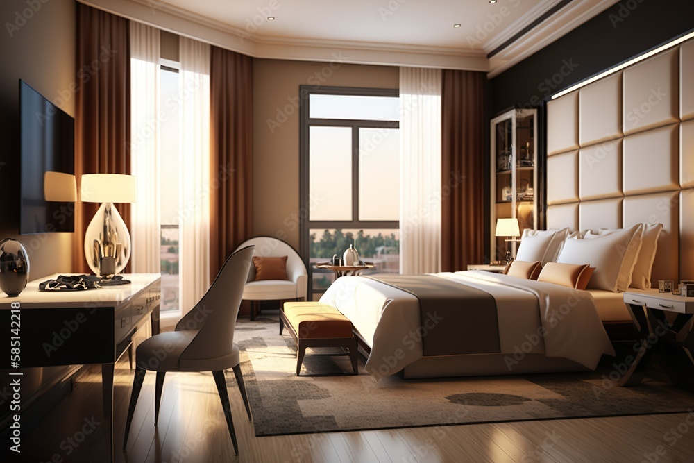 Fototapeta premium luxury bedroom suite in resort high rise hotel with working table