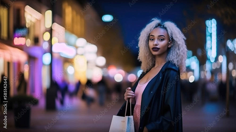 Portrait of a girl with a shopping bag on the street. generative AI
Portrait of a girl with a shopping bag on the street. generative AI