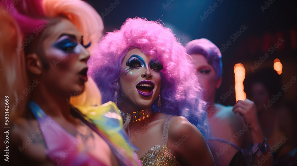 Obraz premium Beautiful drag queen creative portrait. Randomly generated face with colorful makeup . generative AI