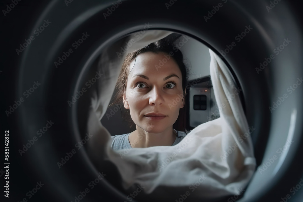 View of the girl from inside the washing machine. generative AI View of the girl from inside the washing machine. generative AI