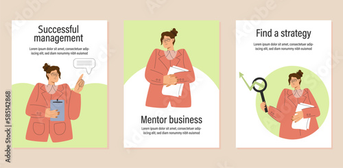 Set of vector posters with business concept. Web banner with woman