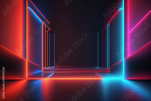 3d rendering. Abstract futuristic neon background. Red blue lines, glowing in the dark. Ultraviolet spectrum. Cyber space. Minimalist wallpaper, Generative AI.