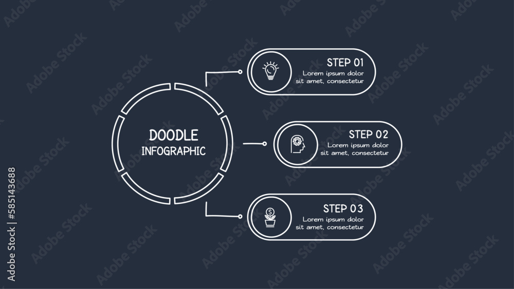 Doodle dark infographic elements with 3 options, template for web on a black background. Doodle dark infographic elements with 3 options, template for web on a black background.