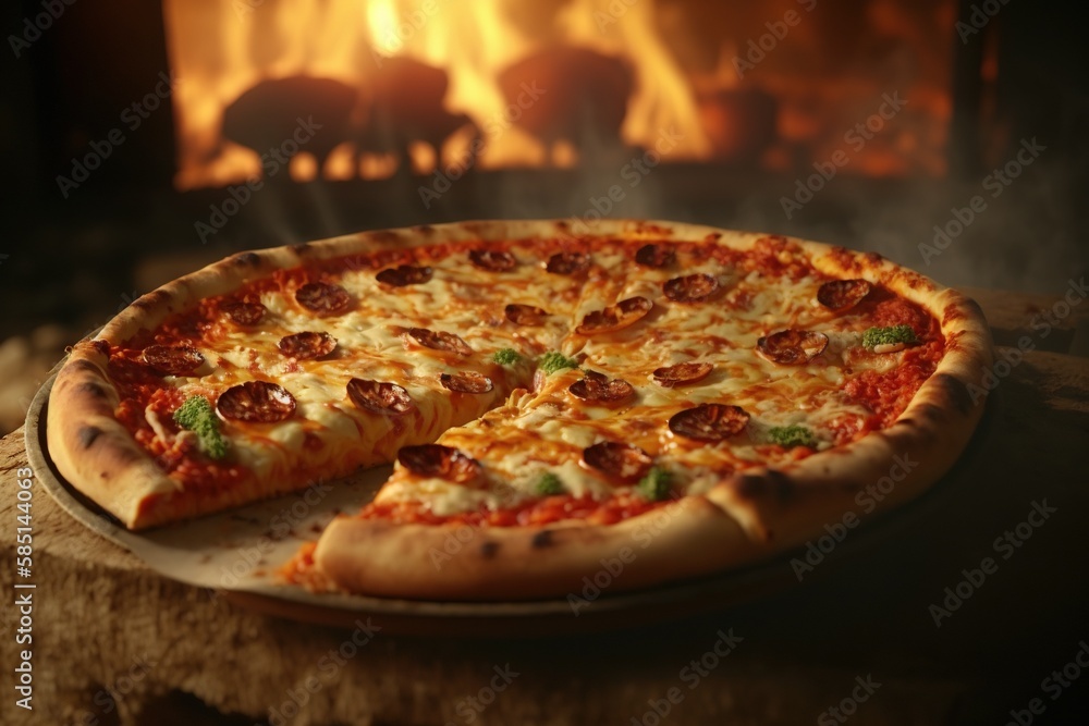 pizza on a wooden board, pizza fresh from the wood-fired oven